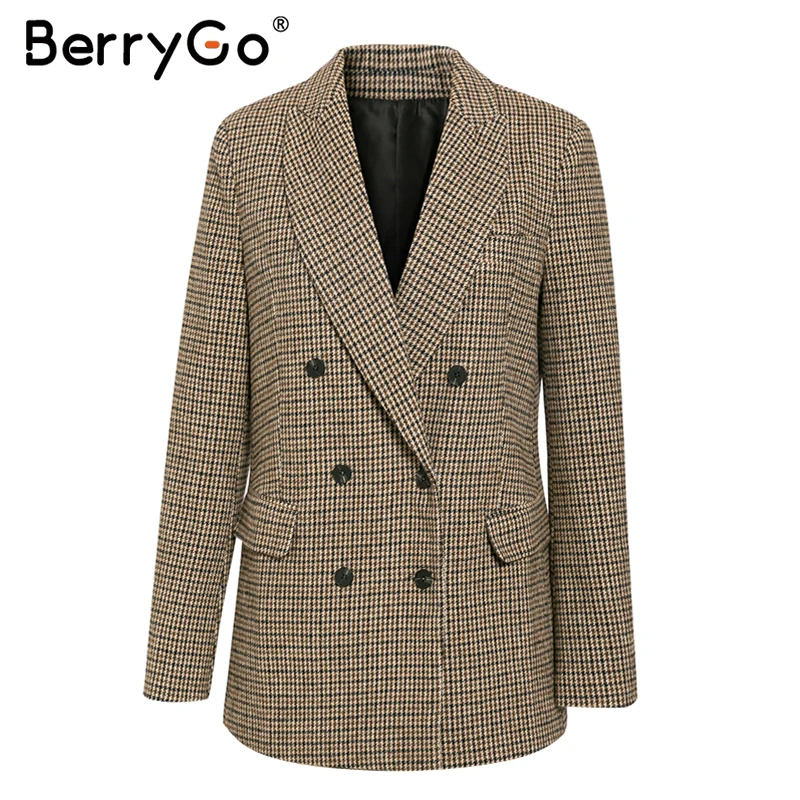 BerryGo, винтажный клетчатый Блейзер, пальто для женщин, Осень-зима, офисные женские куртки, длинный рукав, пуговицы, карманы, уличная одежда, женские блейзеры - Цвет: Коричневый