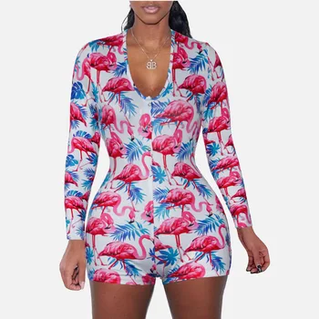 

Women's Long Sleeve Short Pants Slim Playsuits Spring Summer High Street Rompers Female Skull Print Sexy With Button Romper