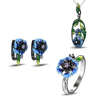 

handmade Enamel Art Blue Cornflower Flower Ring Earrings Necklace Set 925 Silver