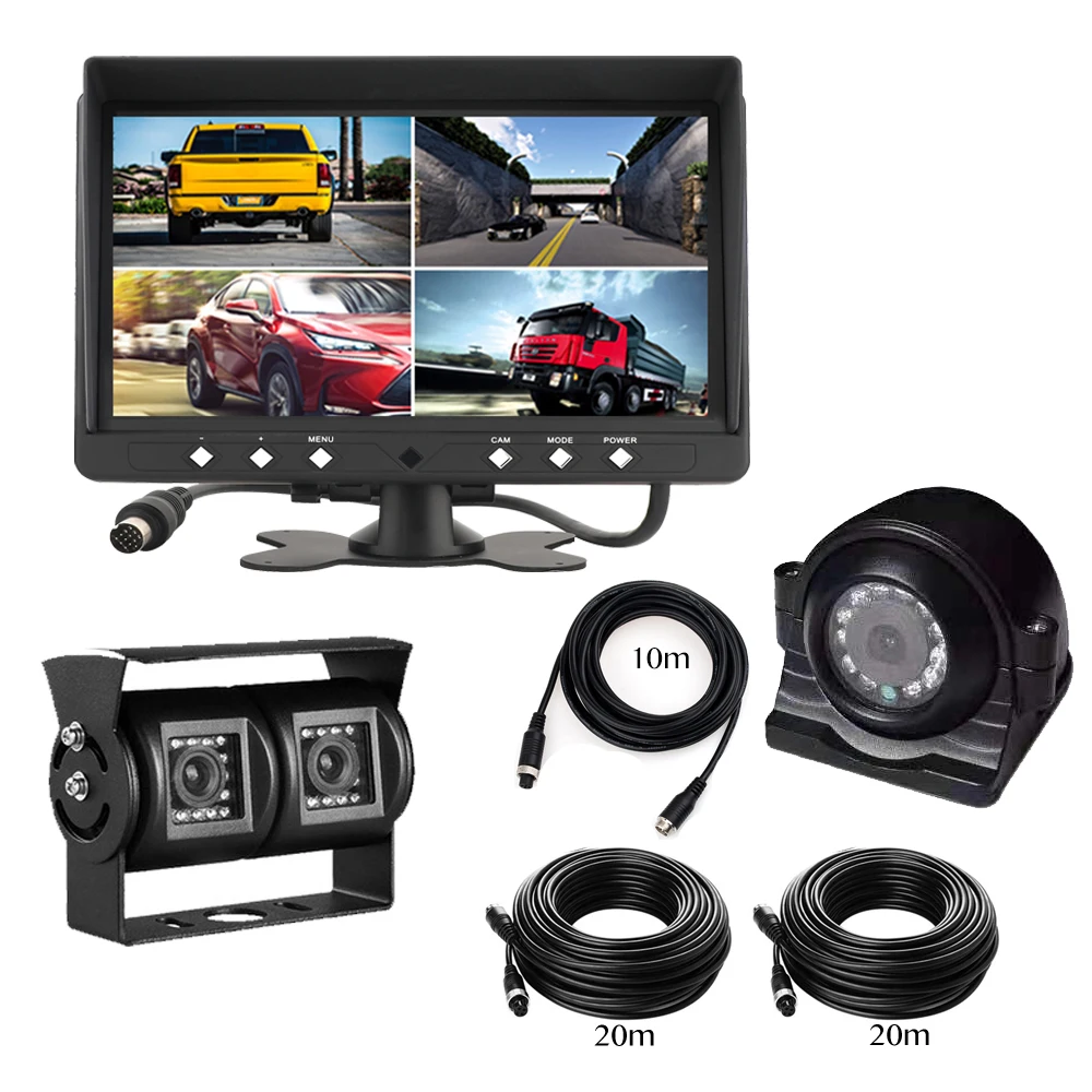 

JIEPIE 9 Inch Rear View Quad 4 Split screen Monitor+dual ccd lens Reverse camera+Side camera+Extension cable