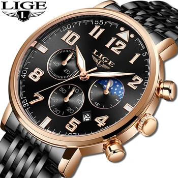 

LIGE Hot Fashion Watch Men Stainless Steel Chronograph Sports Casual Quartz Watch Business Mens Watches Waterproof reloj hombre