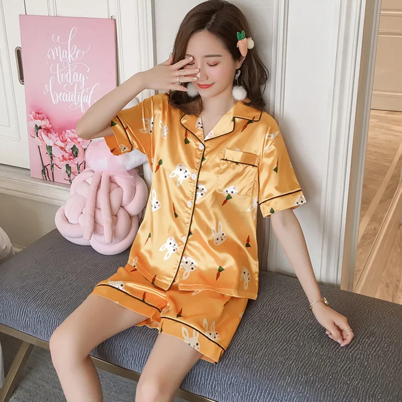 

Multi--Multi-color Imitated Silk Pajamas Women's Summer Set Cardigan Fold-down Collar Short Sleeve Cartoon Flower Casual Tracksu