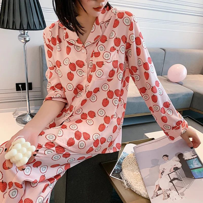 

Silk Long-sleeved Trousers Women's Pajamas Home Clothes Set Imitation Silk Pajamas Two-piece Set