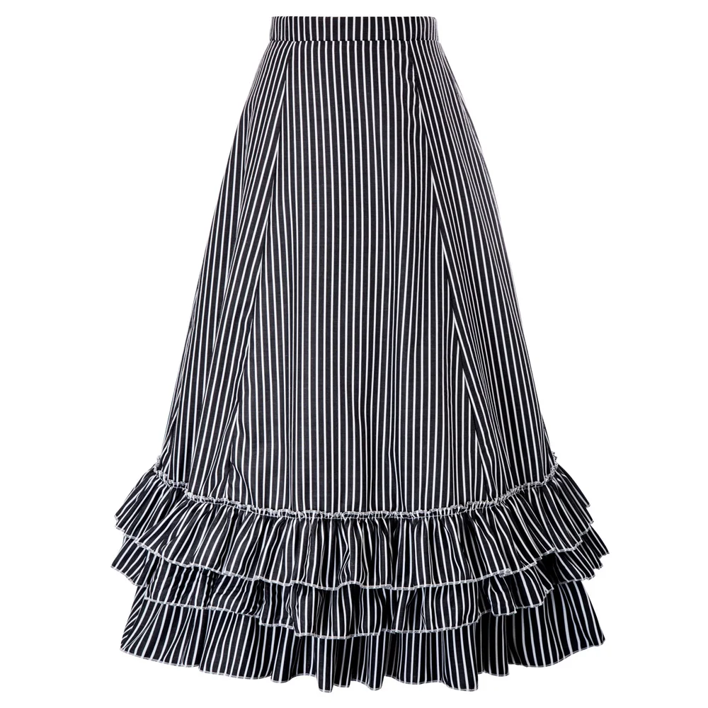 

Vintage Retro Women Gothic High Waist Stripe Bustle Ruffled Steampunk Skirt