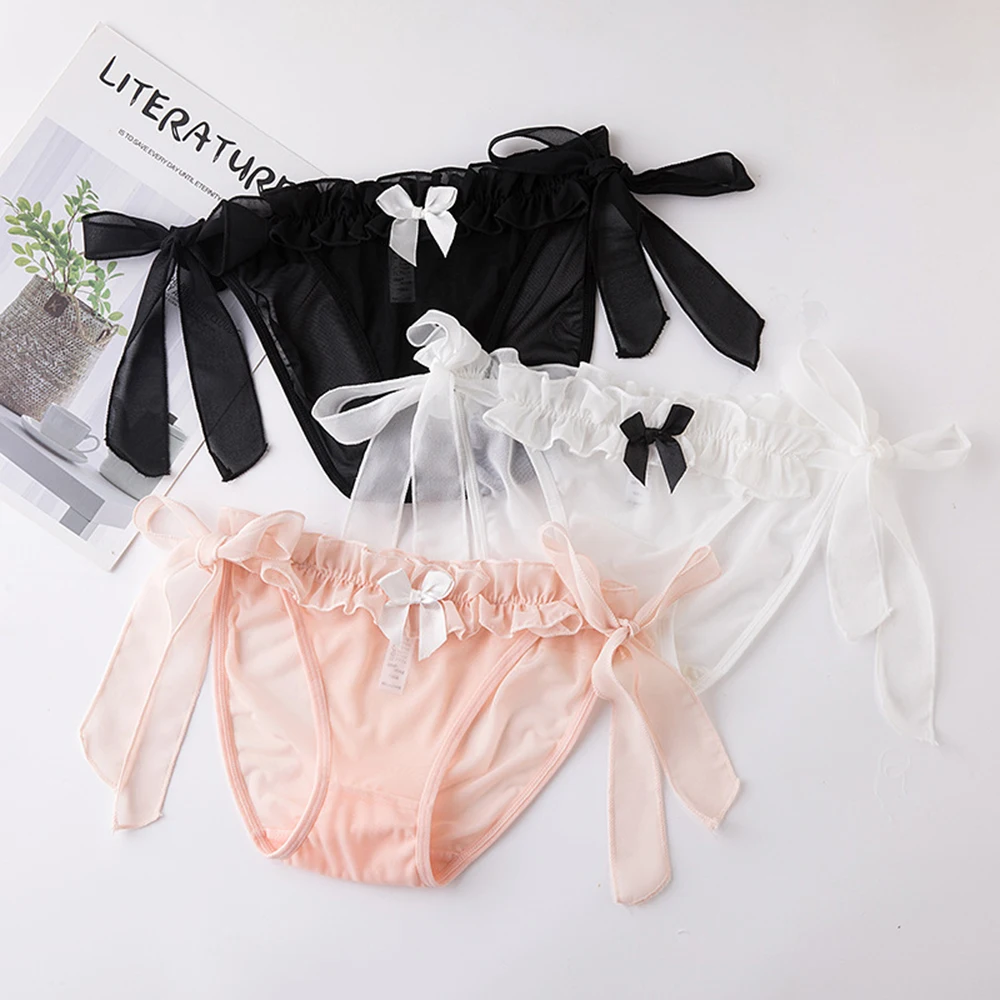 

New Bow Straps Girly Underpants Sexy Transparent Mesh Wrap Hip Low Waist Panties Female Fashion Women Underwea