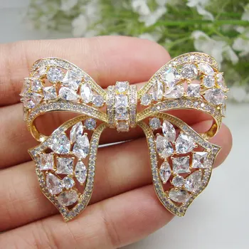 

Gold Tone Luxury Bow-knot Clear Zircon Crystal Woman Brooch Pin