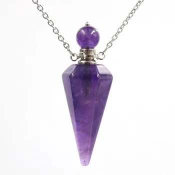 

FYJS Unique Silver Plated Hexagon Pyramid Amethysts Stone Perfume Bottle Pendant Link Chain Necklace Black Agates Jewelry