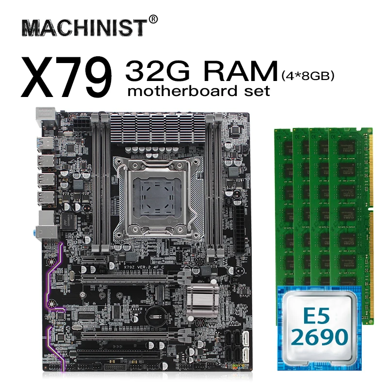 ^Cheap X79 LGA 2011 motherboard set kit atx with Intel Xeon E5 2690 CPU 32G(4*8G) 1600mhz REG ECC RAM M.2 NVME SSD