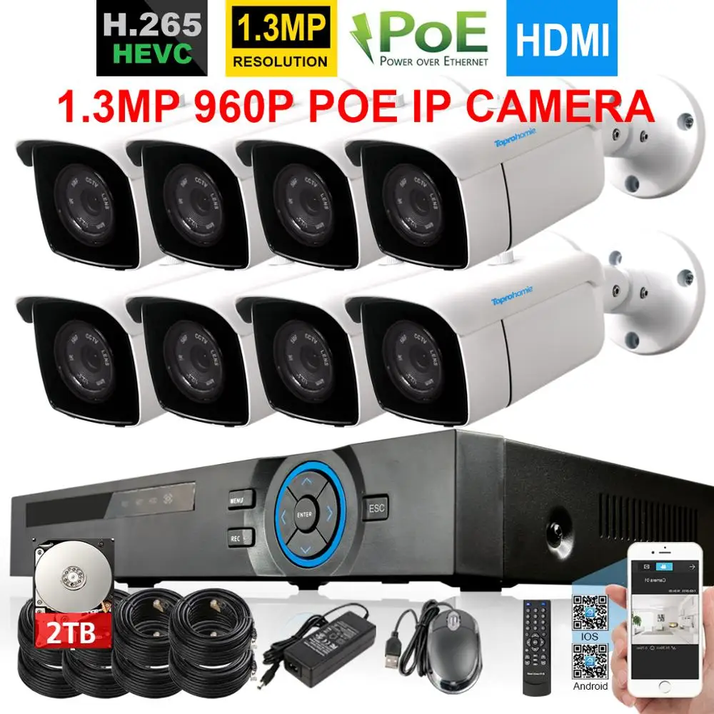 TOPROHOMIE H.265+ 8CH POE система NVR 48 в 960P день ночное аудио запись Водонепроницаемый комплект ip-камеры 8CH камера видеонаблюдения
