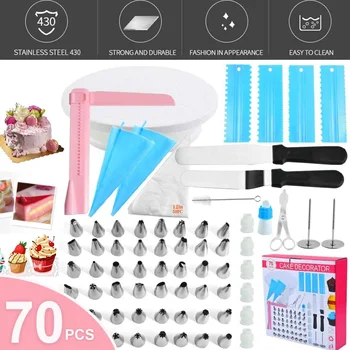 

70Pcs Cake Decorating Set Stainless Steel Pastry Nozzles Cake Turntable Set Cream Confectionery Bag Spatula Scraper Baking Tools