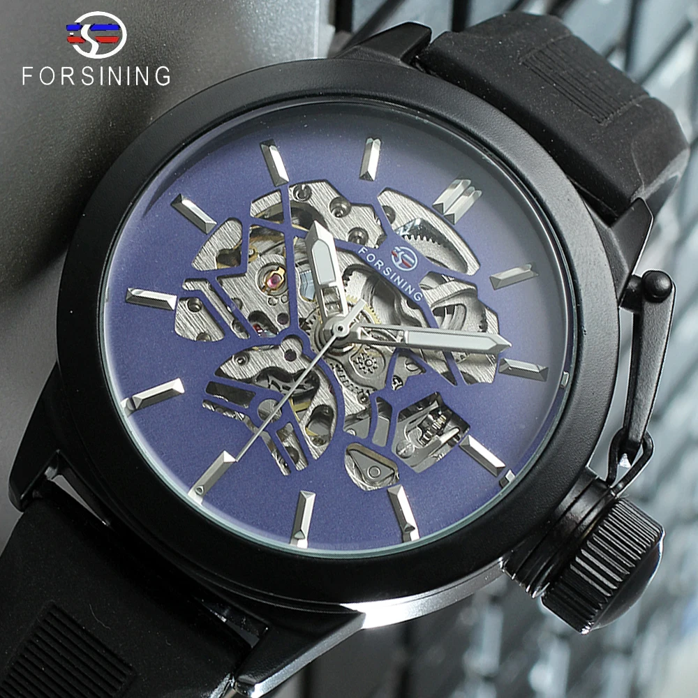 

Forsining Blue Skeleton Dial Rubber Band Mens Sport Design Safety Crown Mens Watch Top Brand Luxury Black Mechanical Wrist Watch