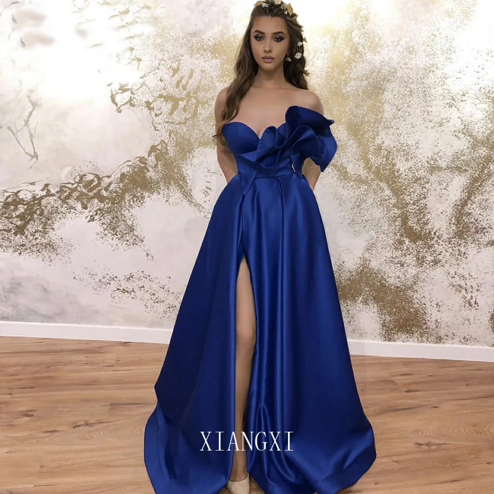 

Berylove bleu Royal soirйe robes de bal 2020 йlйgant Satin haute fente femmes longue mode froncй йpaule Sexy cou robe de soirйe