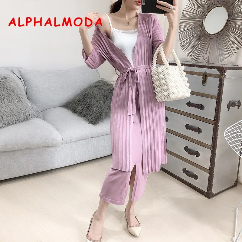 

ALPHALMODA 2019 Early Autumn Suit Woman's Elegant Knitted Long Cardigan High Waist Wrap Hip Mid-calf Skirt 2pcs Fashion Suit