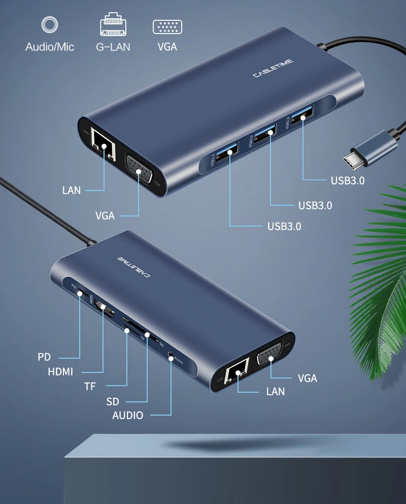 Кабель usb-хаб HDMI type C PD зарядка USB 3,0 SD/TF кард-ридер VGA aux3.5 мм адаптер темно-синий для huawei Matebook X C257