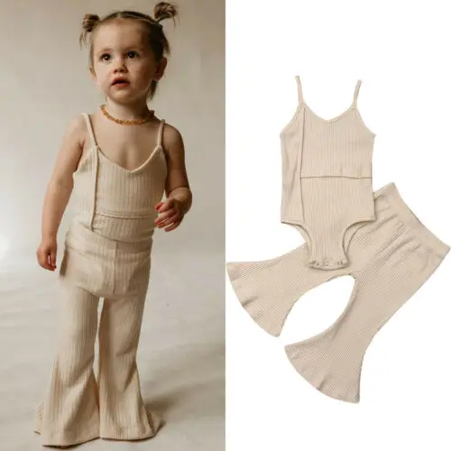 

Baby Summer Solid Suit Ribbed Sleeveless Romper Top+Long Bell Pants Bottoms Outfits