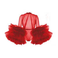 Sexy See Thru Red Women Jumpsuit 2020 With Puffy Full Sleeves Ruffles Tiered Tulle Rompers Womens 1