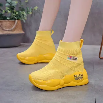 

New Spring Breathable Women Socks Shoes Summer Comfortable Sneakers 10CM Wedge Heels Autumn Ankle Boots Platform White Mesh Shoe