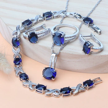 

925 Silver Costume Jewelry Sets Luxury Blue Zircon Earrings For Women Wedding Jewelry Bracelet Rings Bridal Pendant Necklace Set