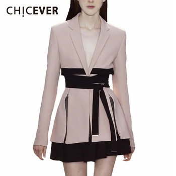 

CHICEVER Asymmetric Blazer For Women Notched Collar Long Sleeve Lace Up Hit Color Plus Size Coats Female 2020 Chic Style Clothes