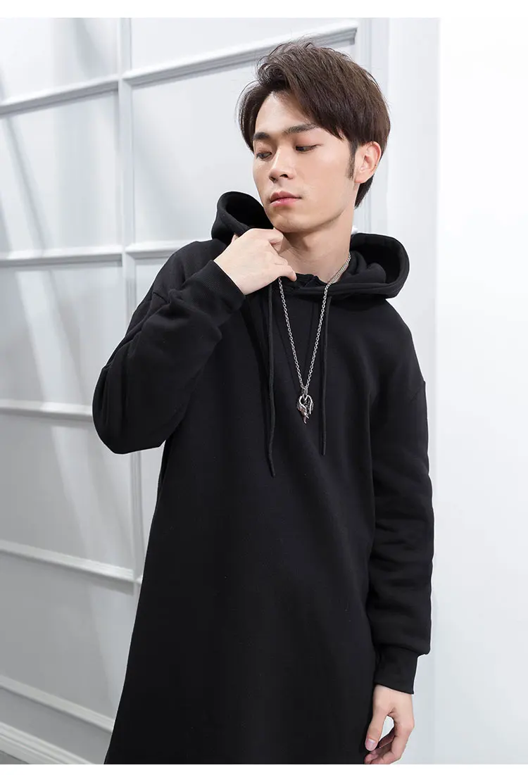 M-4XL long men's winter over the knee plus velvet thick winter hooded pullover loose trendy thick coat wild