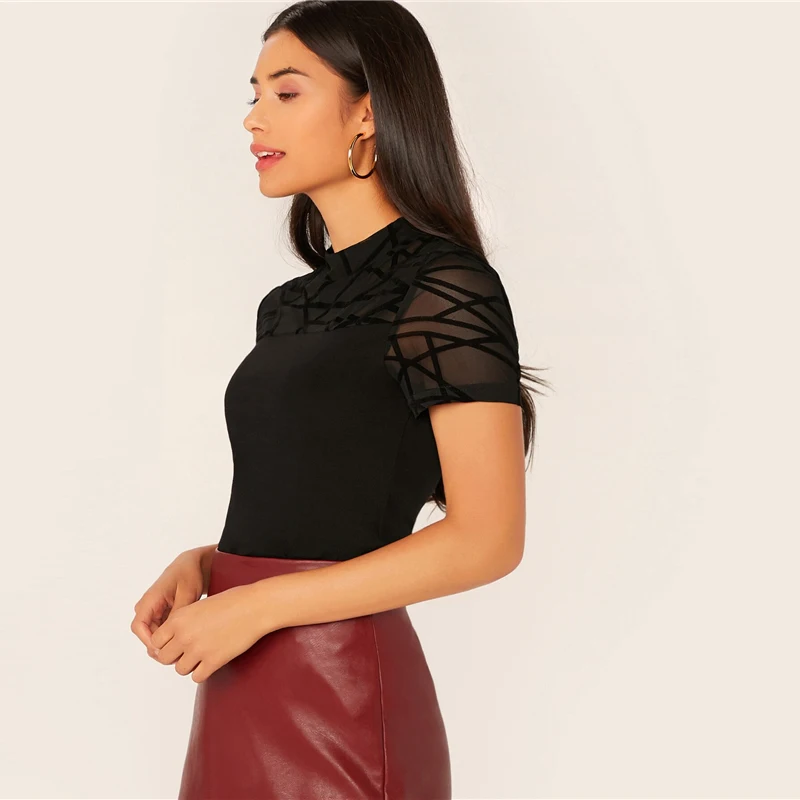 SHEIN черный сетчатый хомут, облегающий Топ, прозрачная футболка, Женская Осенняя футболка с коротким рукавом, элегантное, со стоячим воротником, тонкая футболка, топы
