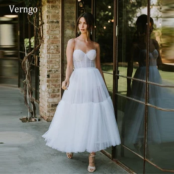 

Verngo New 2021 Spaghetti Straps A Line Tulle Short Wedding Dress With Boning Sweetheart Bow Back Tea Length Bridal Party Gowns