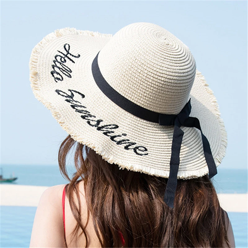 Embroidery Summer Straw Hat Women Wide Brim Sun Protection Beach Hat 2020  Adjustable Floppy Foldable Sun Hats for Women Ladies
