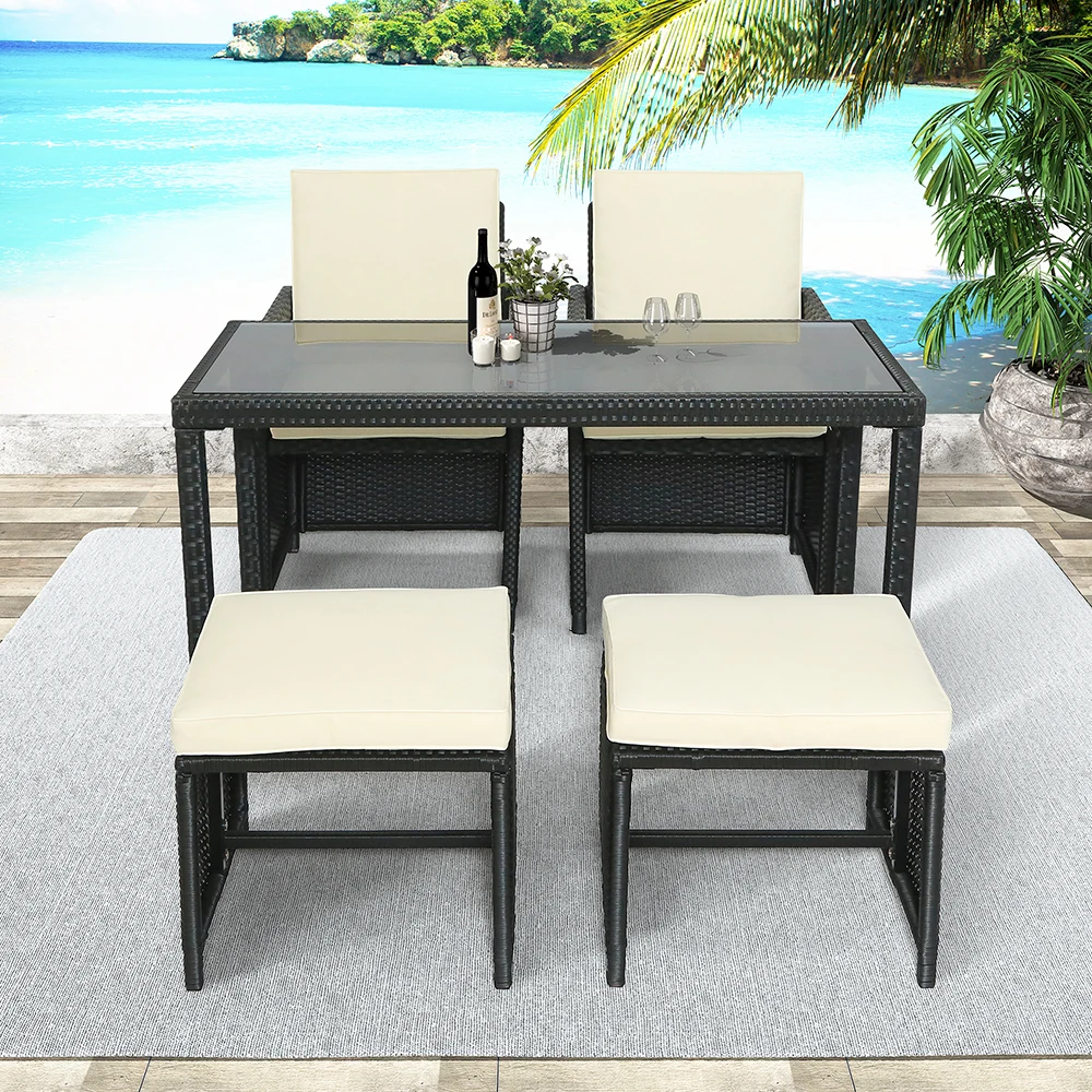 5 Piece Rattan Outdoor Patio Furniture Set Garden Wicker 1 Tempered Glass Table And 2 High Back Chairs 2 Ottoman Stools Set Garden Furniture Sets Aliexpress