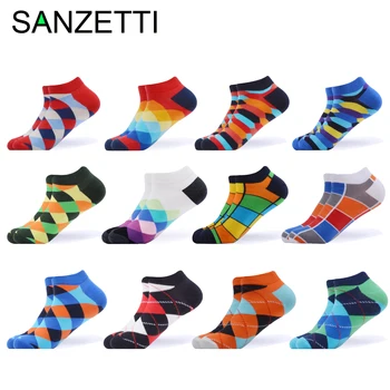 

SANZETTI 6-12 Pairs/Lot Men's Ankle Socks Casual Summer Geometric Happy Funny Combed Cotton Short Sock Wedding Party Socks