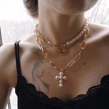 

Luxury Gold Color Coin Imitation Pearls Choker Necklace Collar Female Cross Pendant Necklaces for Women 2020 Fashion Jewelry