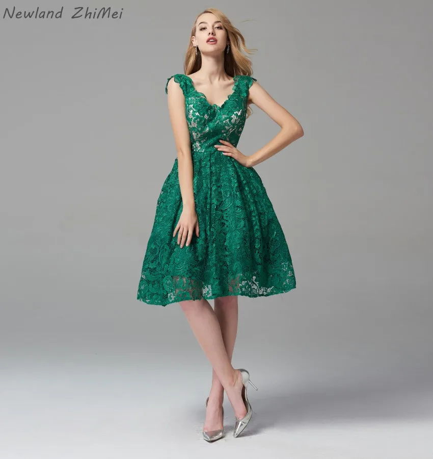 Newland ZhiMei, винтажное кружевное коктейльное платье,, линия, сексуальный, v-образный вырез, молния сзади, зеленый цвет, длина до колена, для вечеринки, vestido coctel