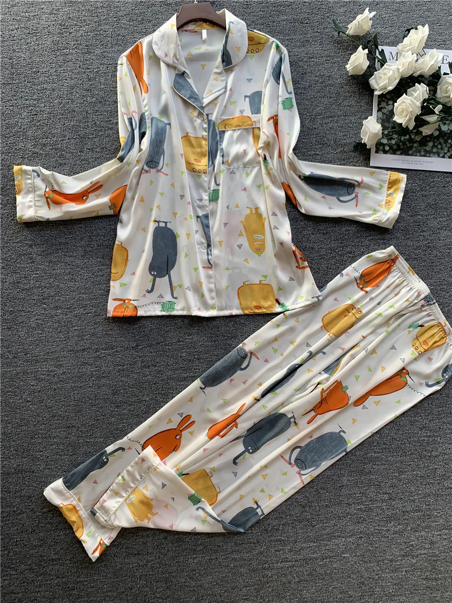 Spring and summer silk women's long sleeve printing Pajama suit sweet home outfit large SILK PAJAMA women's home clothes
