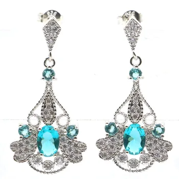 

35x17mm Romantic Hollow Rich Blue Aquamarine Natural CZ Gift For Ladies Silver Earrings