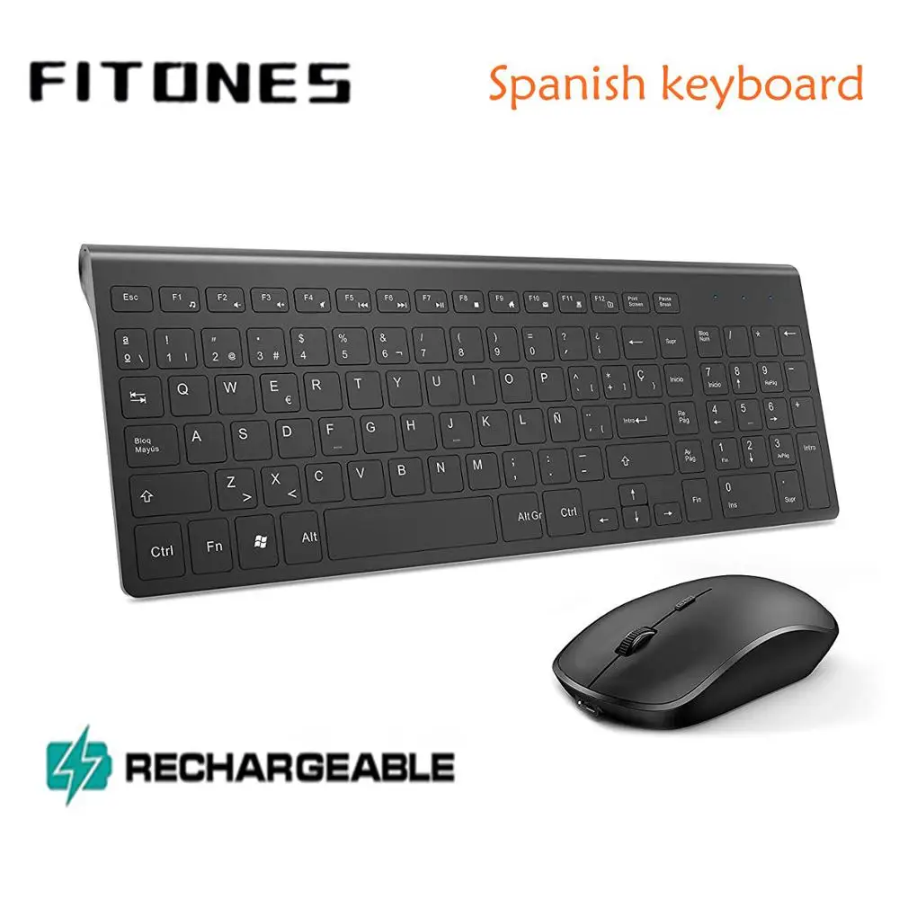 

Spanish wireless keyboard and mouse combination, 2.4 gigahertz stable connection rechargeable battery, portable mute black