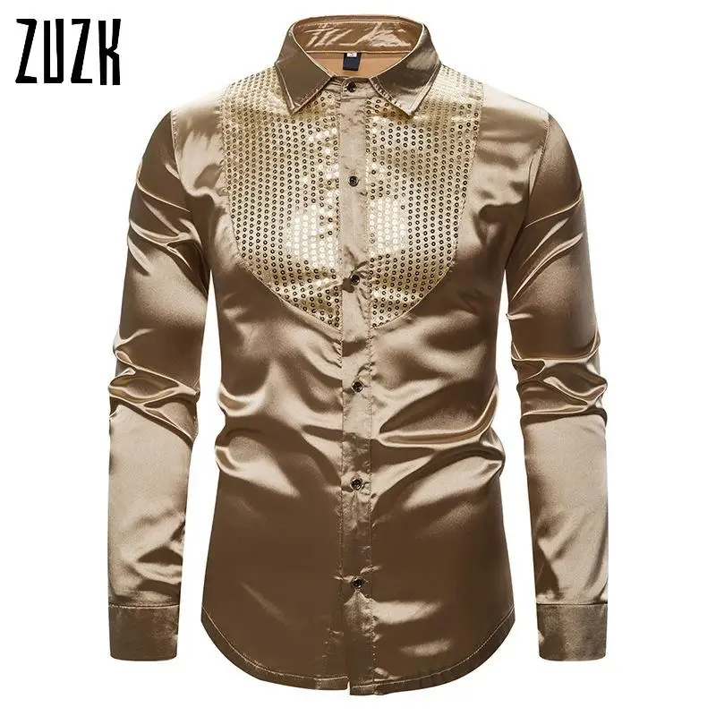 Мужская шелковая рубашка под смокинг сияющая золотого цвета с блестками мужские