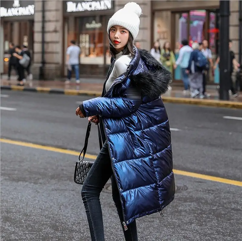 Royal blue Новые женские длинные пальто парки женские Глянцевые зимние теплые утолщенные пальто из искусственного меха Серебряная хлопковая куртка Паркера пальто - Цвет: Royal blue