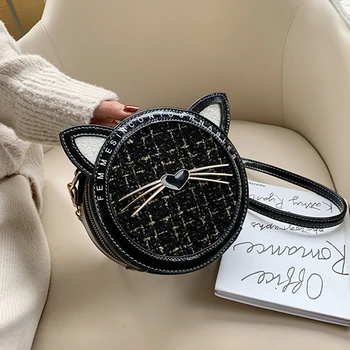

2019 New Round Cute Cat Shoulder Bag Designer Cotton and Linen Leather Fashion Handbag Luxury Chain Ladies Lattice Messenger Bag