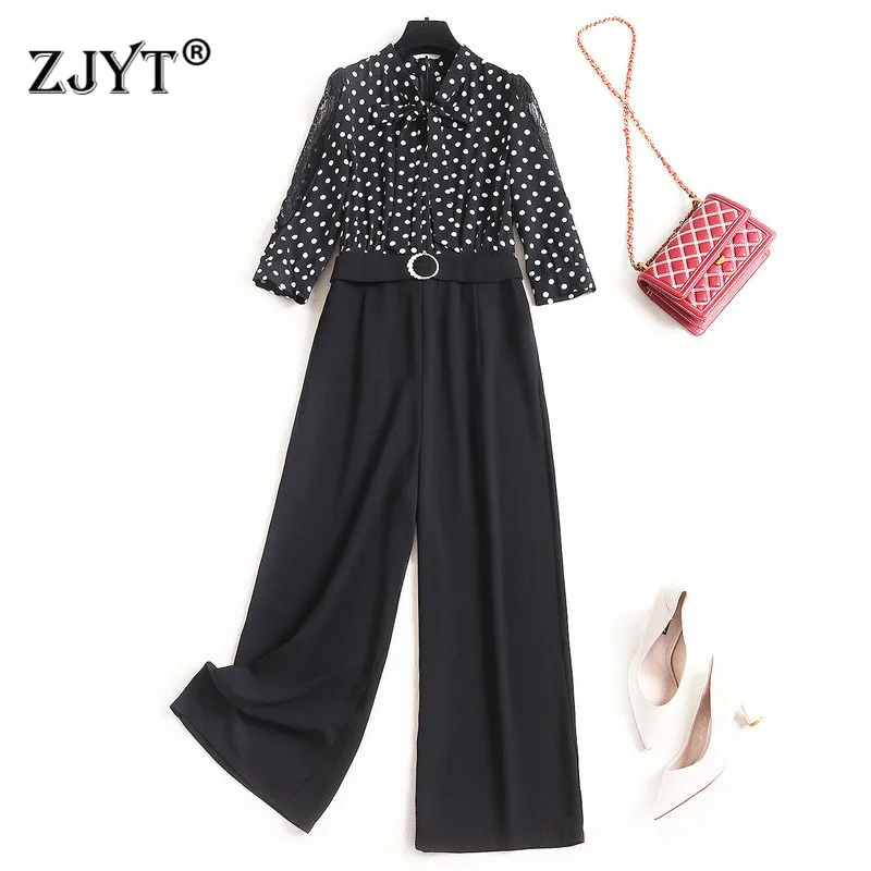 

2020 Spring New Designer Women Jumpsuit Elegant Bow Collar Polka Dot Print Chiffon Patchwork Rompers Womens Jumpsuits