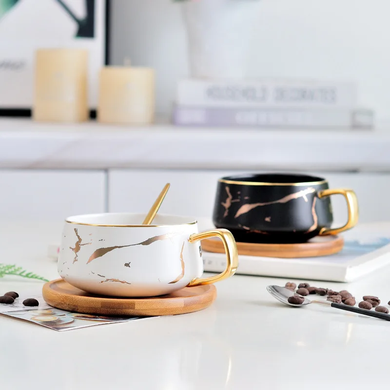 セラミックマグカップ,金色の大理石,木製の蓋,白い磁器,お茶,コーヒー,ハンドル付き,ギフト|マグカップ| - AliExpress