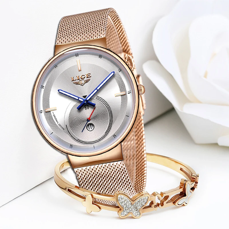 

2020 Japan Quartz Movement High Quality LIGE Women All Steel Strap Rose Gold Waterproof Women Watch Dropshipping Reloj Hombre