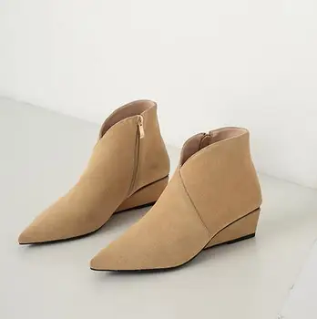 

Booties female 2019 new pointed leather wedge shoes boots thick bare boots and ankle boots