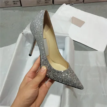 

Spring 2020 new girls pointed high heels thin heels sexy crystal sequins silver wedding shoes Bridesmaid shoes