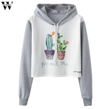 

Woman Fashion Sweatshirt Loose O-Neck Cactus Print Long Sleeve Short with HatPullover Crocheted Streetwear Female Autumn