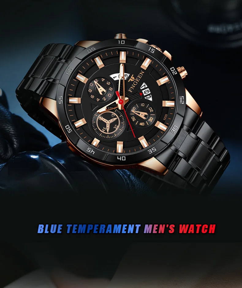 FNGEEN New Fashion Mens Watches Blue Stainless Steel Top Brand Luxury Sports Waterproof Quartz Watch Men Relogio Masculino