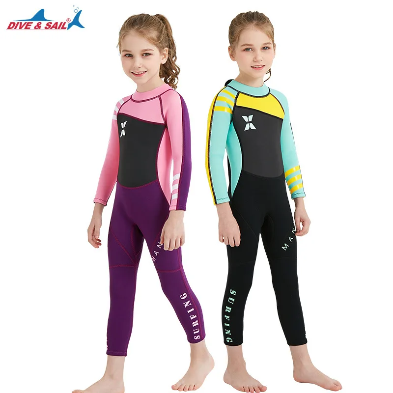 Цельный Детский неопреновый гидрокостюм 2,5 мм с длинными рукавами для девочек, купальный костюм для плавания, серфинга, подводного плавания, ныряния, Быстросохнущий купальник