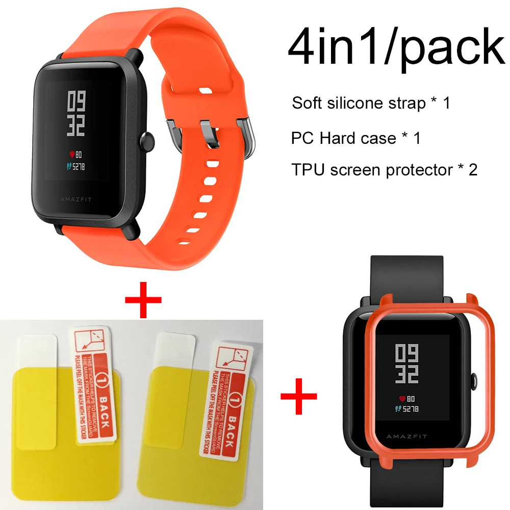 4в1 силиконовый ремешок спортивный браслет чехол для Xiaomi Huami Amazfit Bip BIT умные часы аксессуары - Цвет: Orange-Orange case