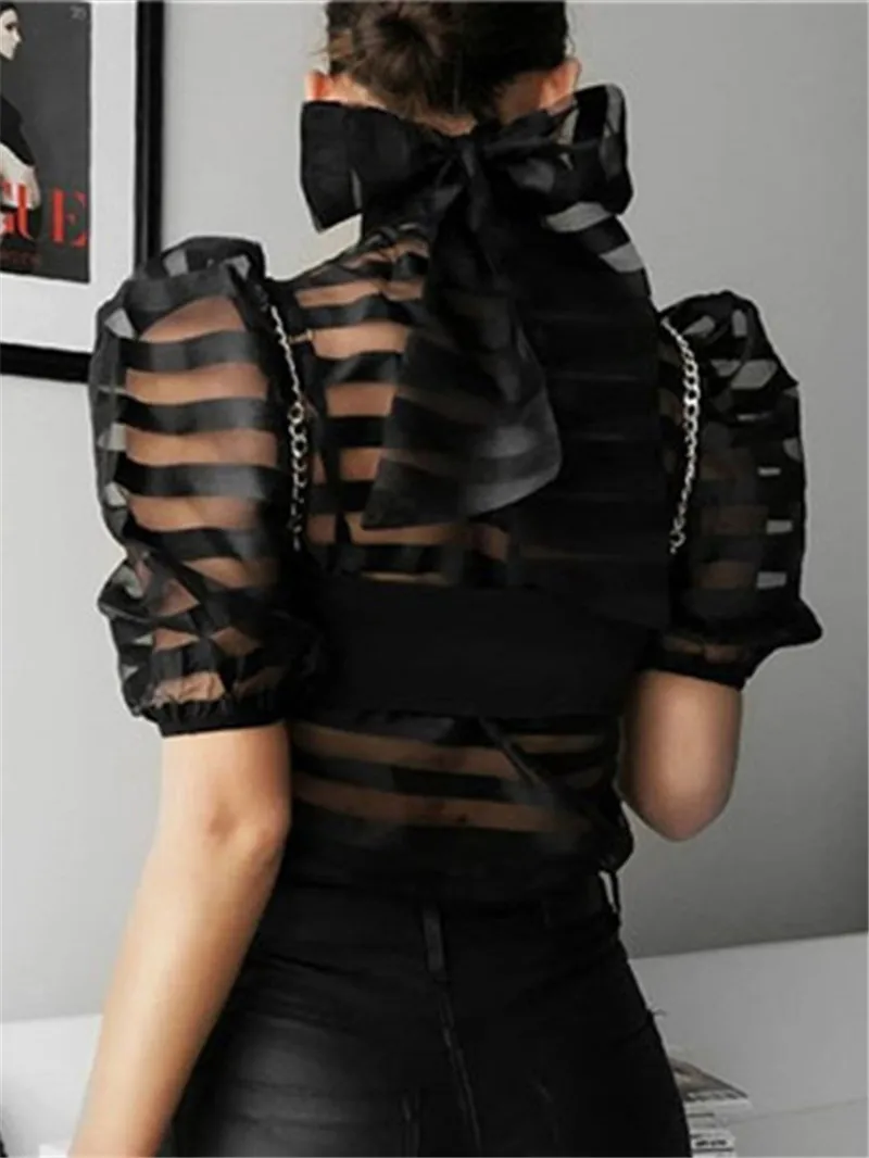 Elegant OL Women Mesh Sheer Back Bow Striped Puff Sleeve Shirt Blouse See Through Short Sleeve Party Clubwear Evening Tops Shirt Elegant OL Women Mesh Sheer Back Bow Striped Puff Sleeve Shirt Blouse See Through Short Sleeve Party Clubwear Evening Tops Shirt