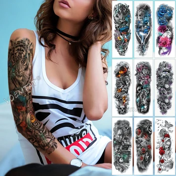 

Large Arm Sleeve Tattoo Lion Tiger Waterproof Temporary Tattoo Sticker Flame Warrior Men Full Skull Flower Tatoo Body Art women