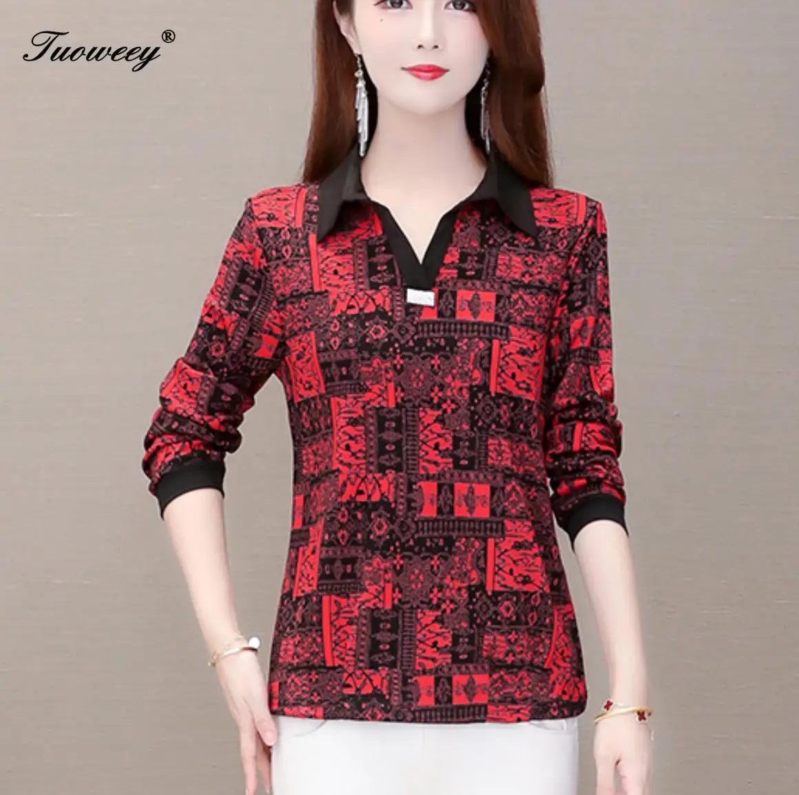 

2020 spring stye Women's Shirts red plus size 5XL v-neck autumn elegant blusas Women Blouse Fashion New mother tops