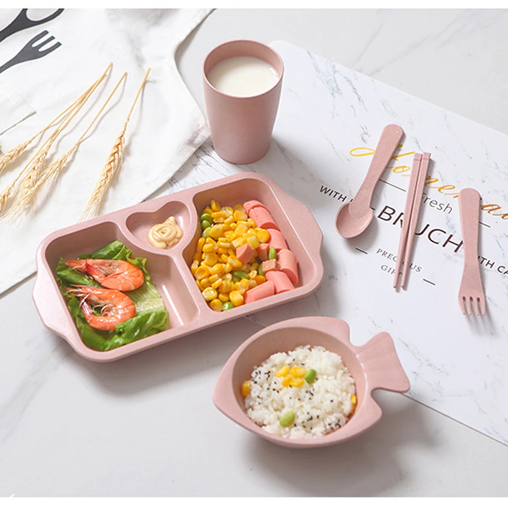 6pcs Kids Dinnerware Set Lightweight Plate with Dividers and Handle Degradable Dishwasher Safe Plastic